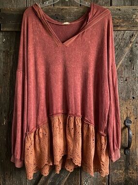 Hummingbird Rust Red Hooded Tunic with Burnt Orange Eyelet Hem